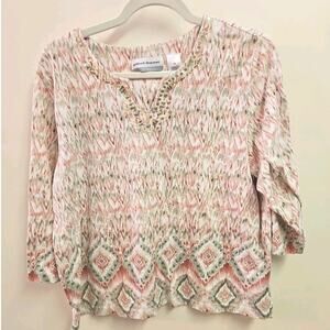 Alfred Dunner Pink And Green Top With Embellished Gold Beads Size PXL